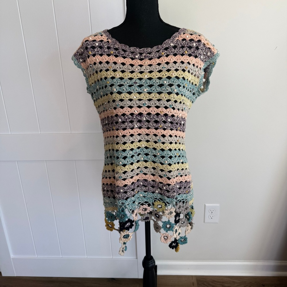 Anthropologie Edie Crochet Knit Top Multi Color Floral Hem 100% Cotton Boho S